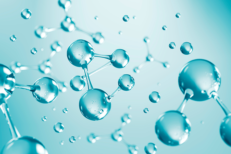 Uma representação digital mostra estruturas moleculares translúcidas e interligadas, flutuando sobre um fundo azul-claro e brilhante.