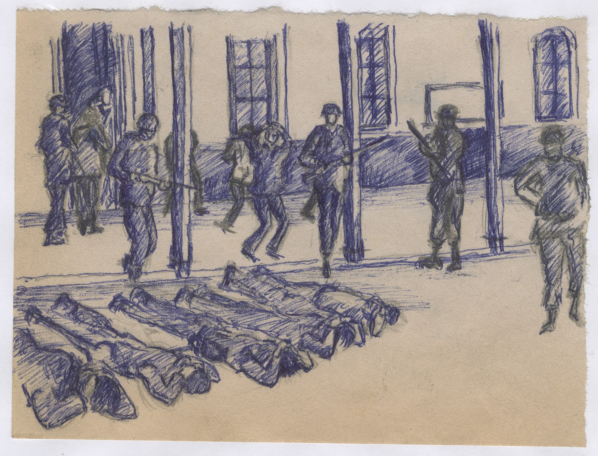Imagen referente a la actividad, donde se muestra uno de los Dibujos de Enrique Olivares en donde se puede apreciar personas en el piso con las manos en la nuca y milites con sus armas