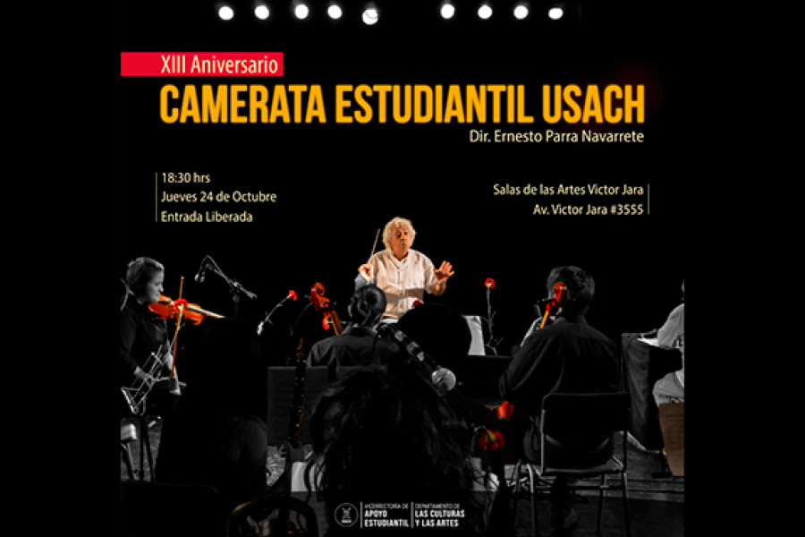 Afiche aniversario - Camerata tocando en teatro aula magna usach