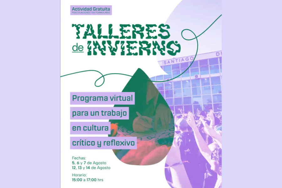 Afiche de la actividad. fondo blanco en la que aparece de manera difuminada la casa central Usach. Las letras Taller de Invierno en verde 