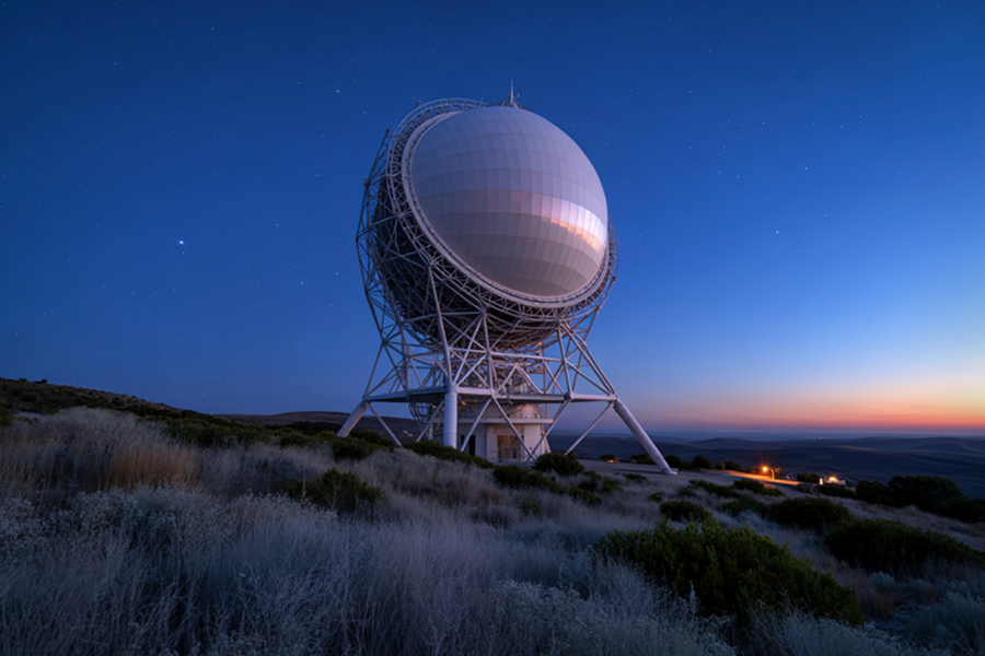 Un gran radiotelescopio esférico blanco se eleva sobre una estructura metálica en una colina cubierta de vegetación, con un cielo azul intenso como telón de fondo.