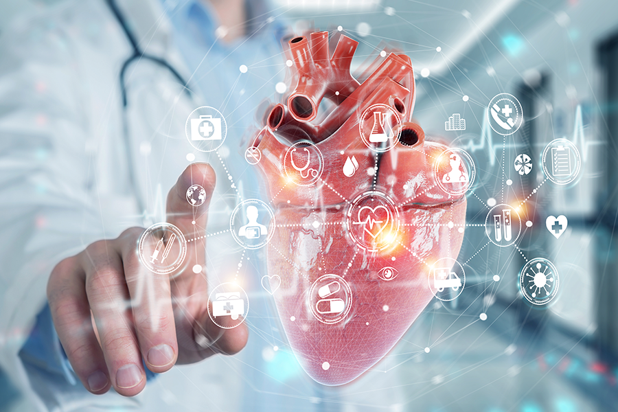 A person in a white lab coat interacts with a glowing, digital 3D human heart model surrounded by medical data icons.