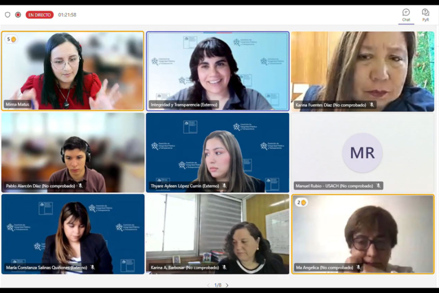 La imagen pertenece a una captura de pantalla de una reunión vía zoom donde hay siete mujeres y dos hombres