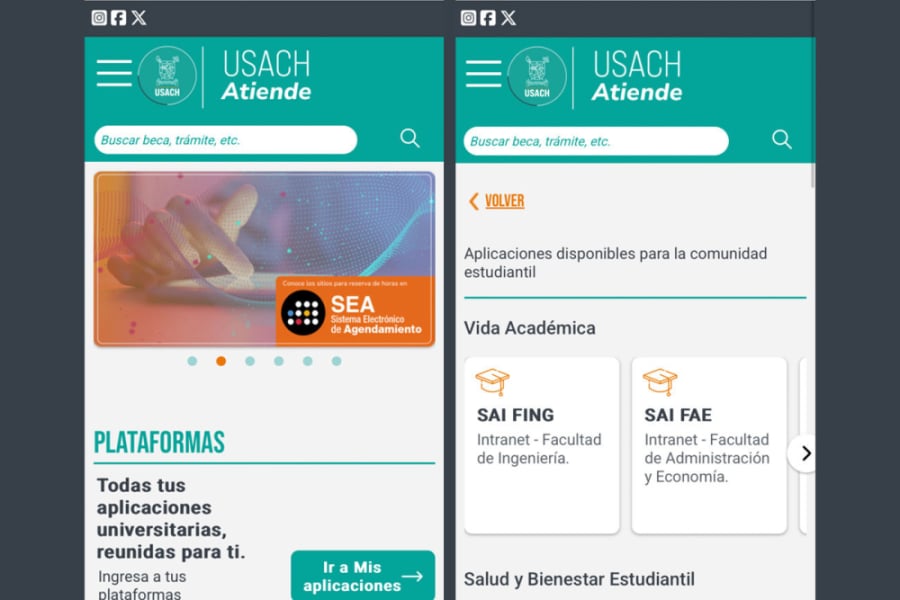 La imagen contiene un pantallazo de la plataforma digital Usach Atiende