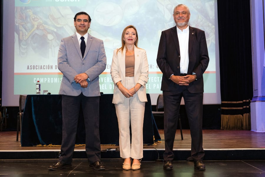 En la fotografía aparecen los tres candidatos a la Rectoría Usach, en el escenario central del Teatro Aula Magna Usach