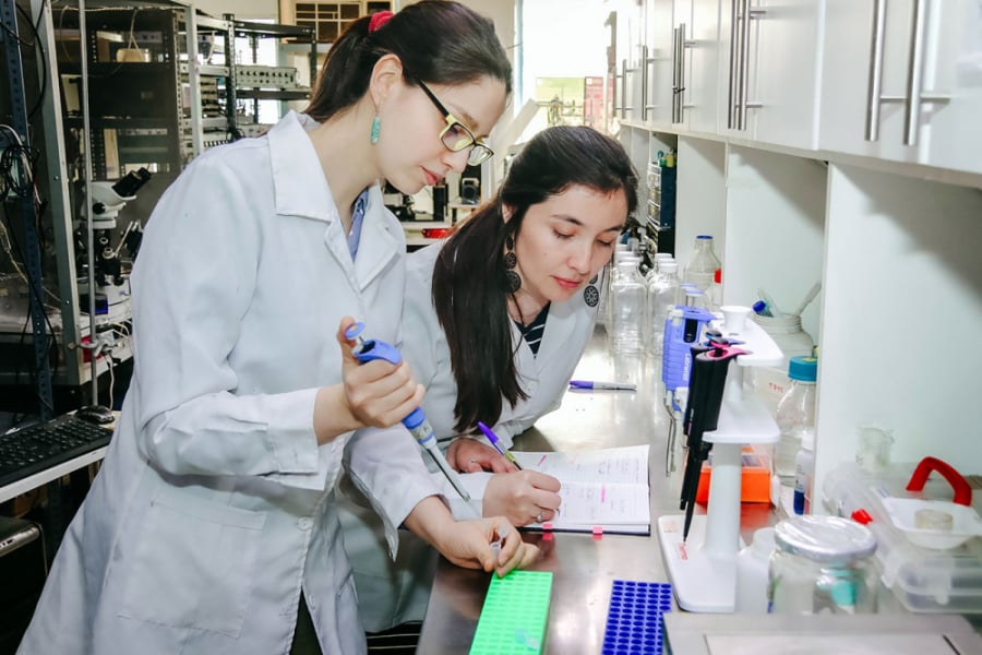 La imagen muestra a dos mujeres científicas con bata blanca en un laboratorio. Una manipula instrumentos mientras la otra registra lo observado