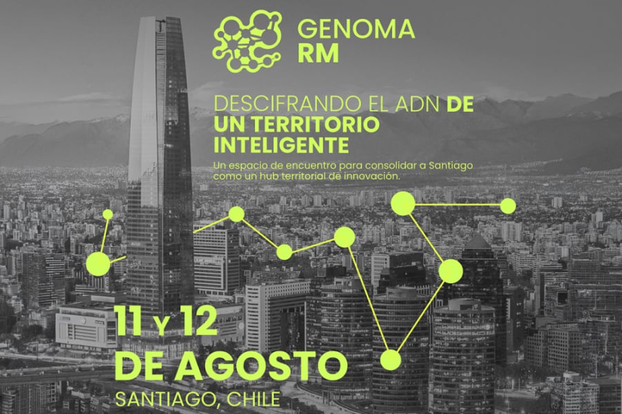 En la imagen aparece el afiche de la actividad. De fondo, una fotografía en blanco y negro de la ciudad de Santiago. Sobre ella, letras informativas y diseños en color amarillo.