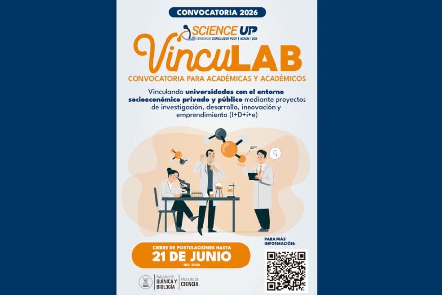 Es el afiche de la actividad. Fondo blanco letras naranjo y azul. En el medio aparece una imagen de tres investigadores trabajando en una laboratorio (dibujo) 