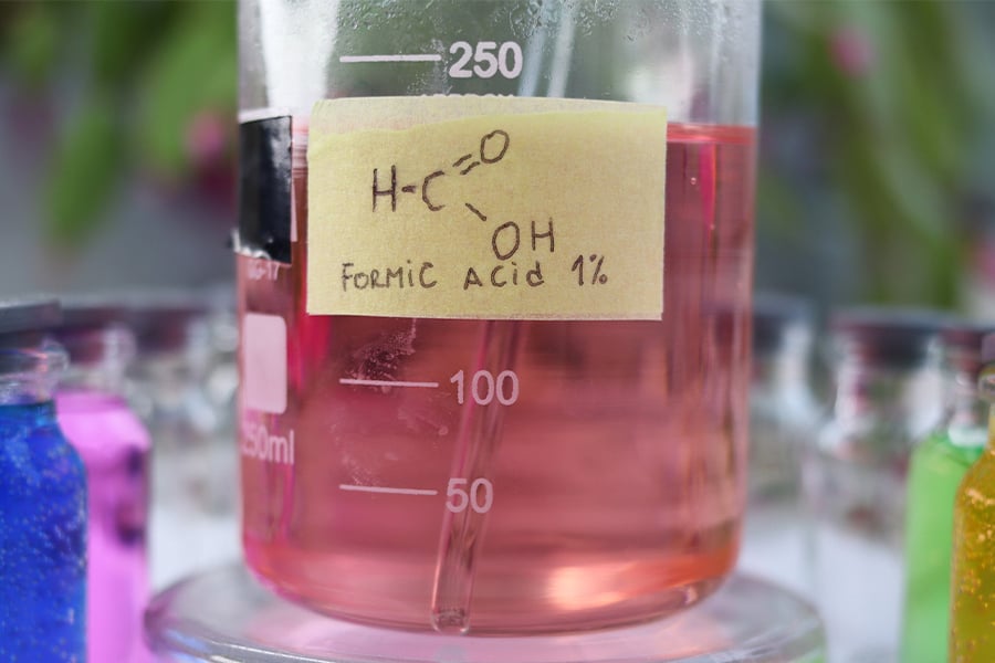 Glass beaker with pink liquid labeled "Formic Acid 1%" in laboratory.