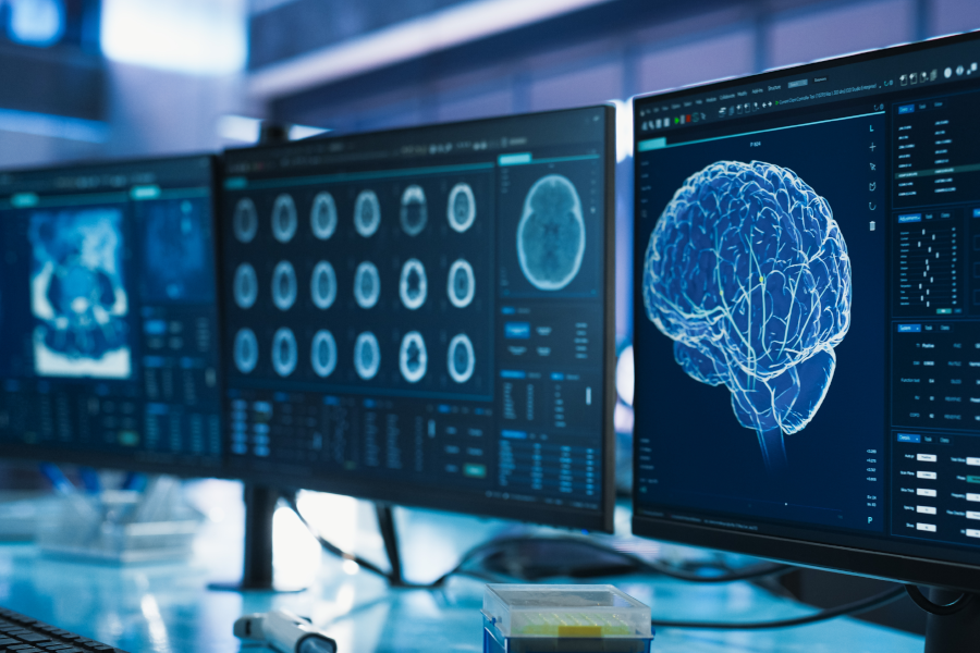 Escaneos digitales 3D detallados de cerebros humanos en pantallas de computadores.