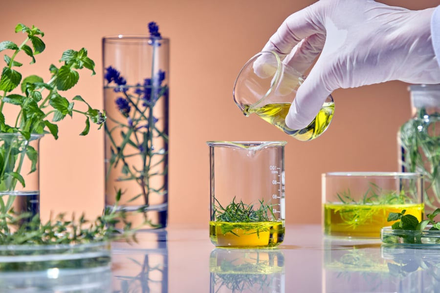 En la imagen aparece una mano enguantada de científico trabajando con recipientes plantas y aceites.