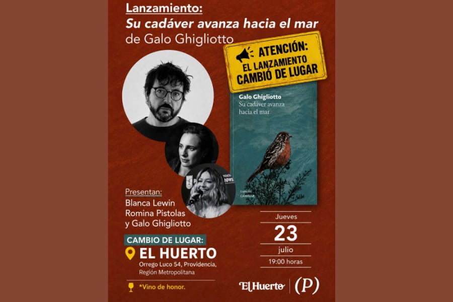 La imagen corresponde al afiche del evento. De color rojo ladrillo de fondo, con letras blancas e imágenes de los participantes y del libro a exponer