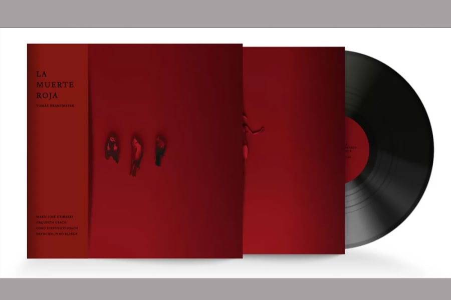 En la imagen aparece la portada y el disco de vinilo. La portada es roja como el nombre del disco.