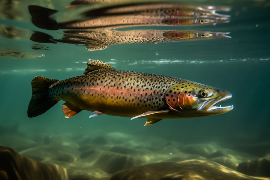 A spotted rainbow trout swimming underwater in clear, sunlit water.