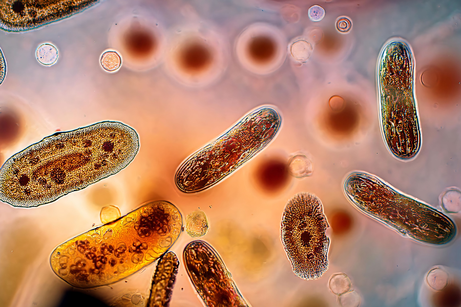 Microscopic view of oval-shaped single-celled organisms floating in fluid.