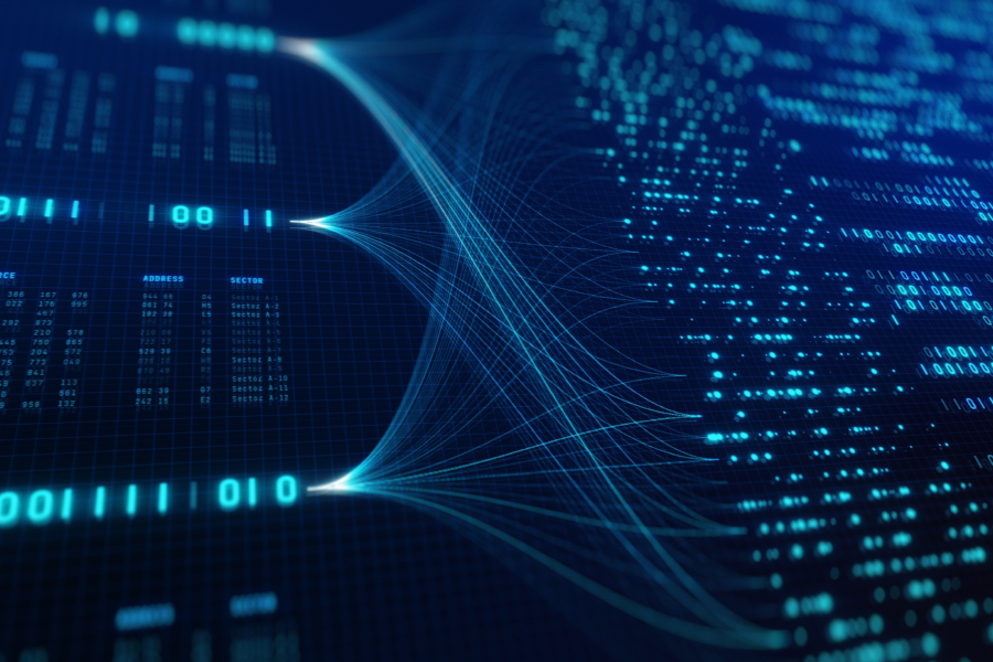 Glowing blue digital network visualization with binary code data streams.