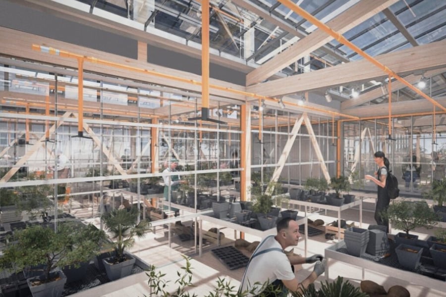 La imagen corresponde a una proyección del proyecto. Es un tipo de invernadero con plantas y dos personas que están en su interior.