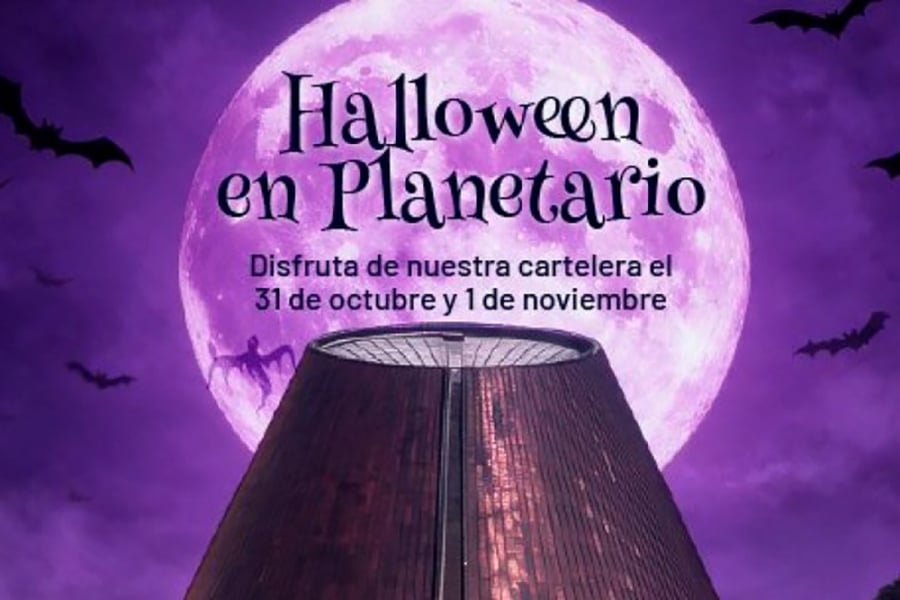 En la imagen aparece el afiche de la actividad, que muestra la parte alta del planetario con una luna llena y letras al estilo halloween, todo en tonos púrpura