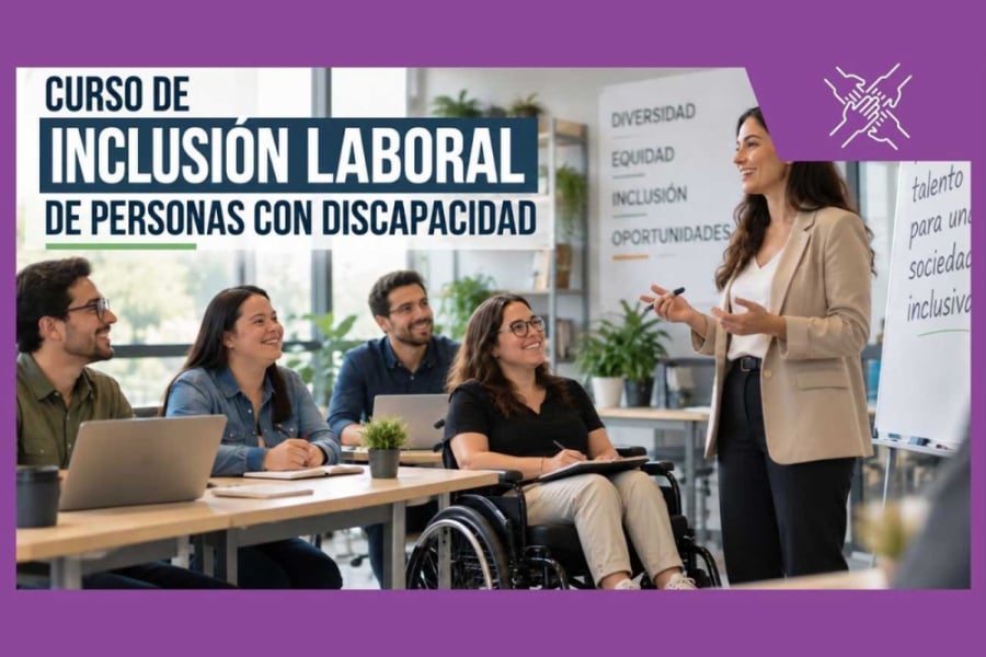 En la imagen aparece el afiche del curso que muestra una persona en silla de ruedas siendo parte de una actividad de trabajo